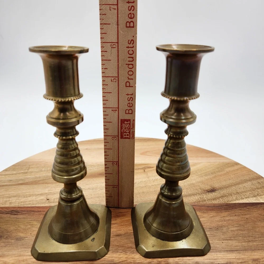 VTG Solid Brass Beehive Candlestick Holders Pair Square Base 6.75